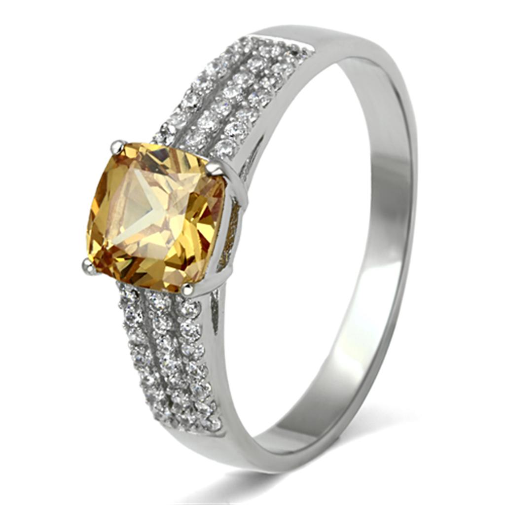 Rhodium 925 Sterling Silver Ring with AAA Grade CZ in Champagne