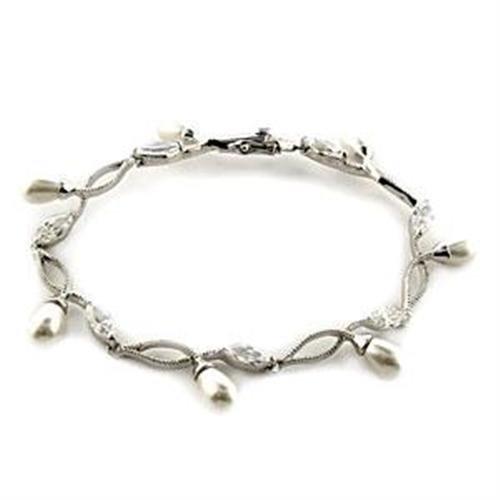 Rhodium 925 Sterling Silver Bracelet with Synthetic Pearl in White
