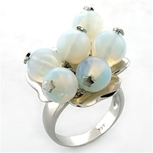 Rhodium 925 Sterling Silver Ring with Synthetic Glass Bead in White