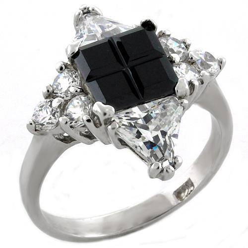 Rhodium 925 Sterling Silver Ring with AAA Grade CZ in Jet