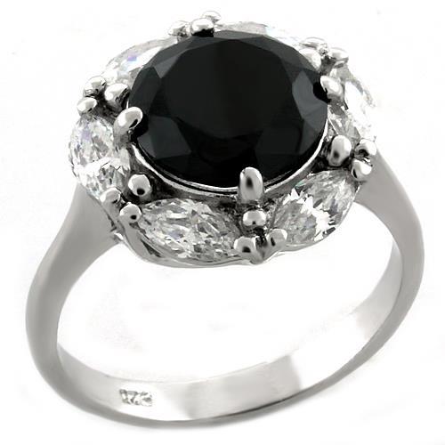 Rhodium 925 Sterling Silver Ring with AAA Grade CZ in Jet