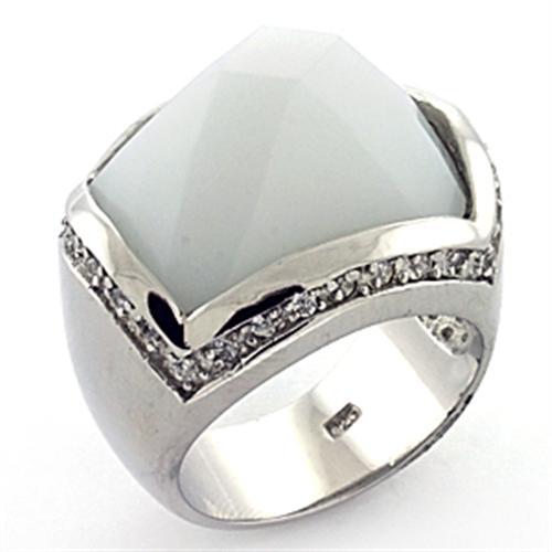 Rhodium 925 Sterling Silver Ring with Synthetic Synthetic Glass in White