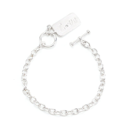 Precious Stars Rhodium Plated Silvertone Love Charm Chain Bracelet