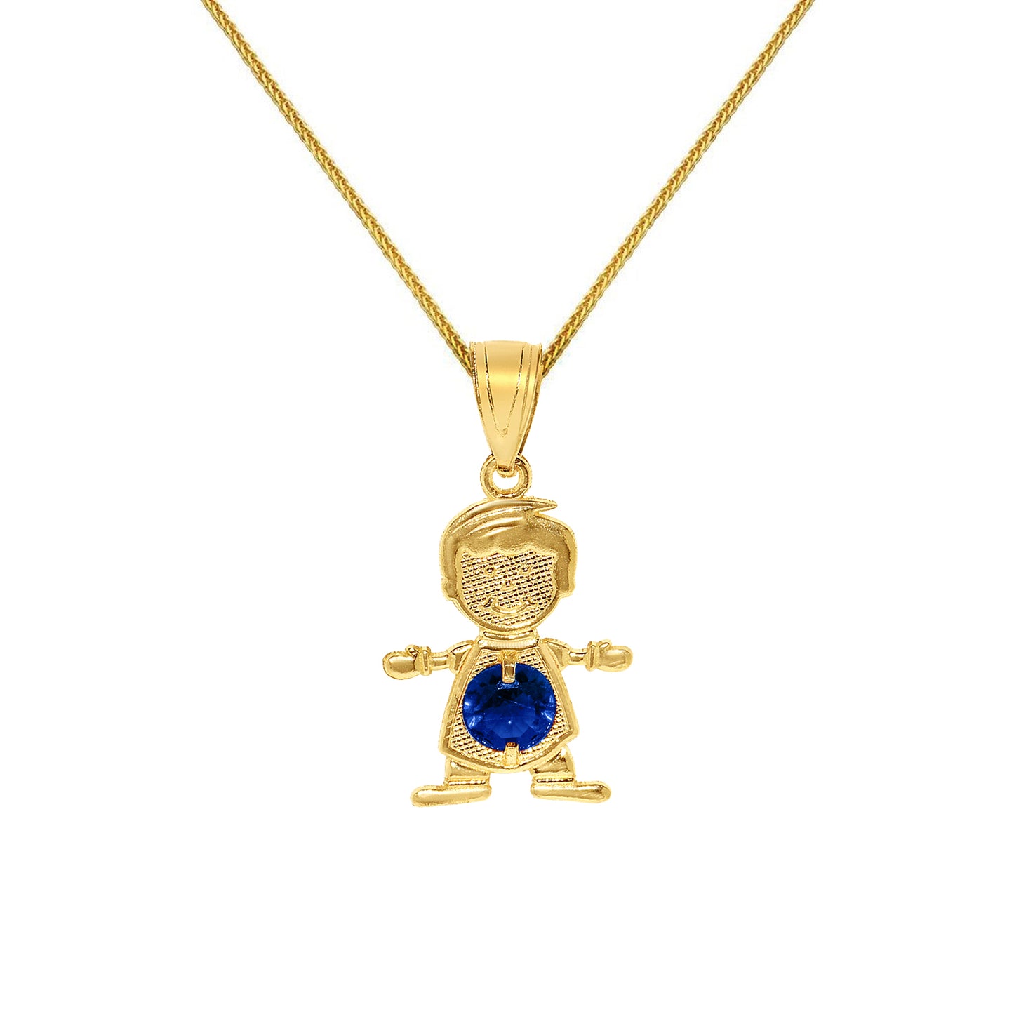 14k Yellow Gold Round-cut Cubic Zirconia September Birthstone Boy/Son Pendant with Square Wheat Chain