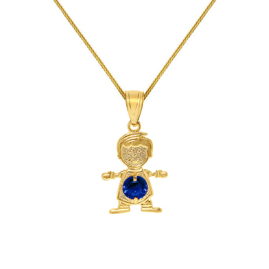 14k Yellow Gold Round-cut Cubic Zirconia September Birthstone Boy/Son Pendant with Square Wheat Chain