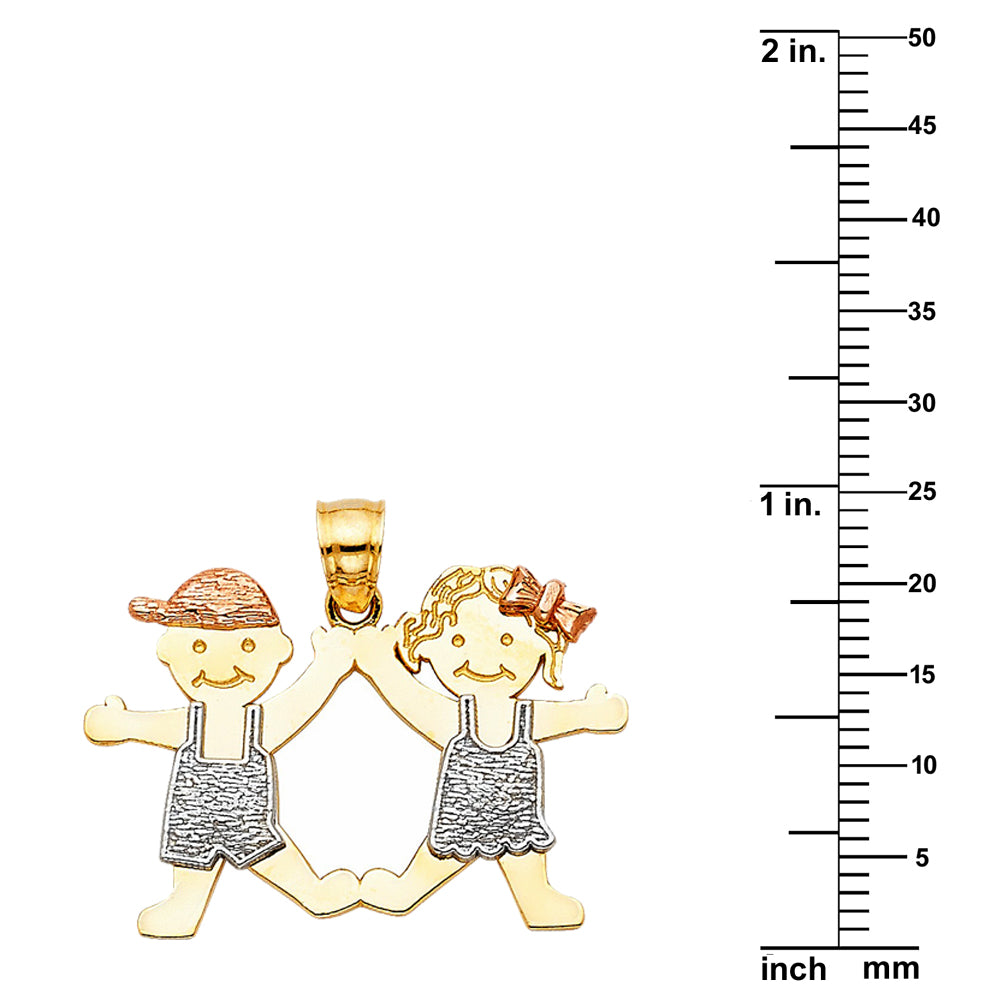 14k Tri-tone Gold Boy and Girl Mother's Day Pendant with Wheat Chain