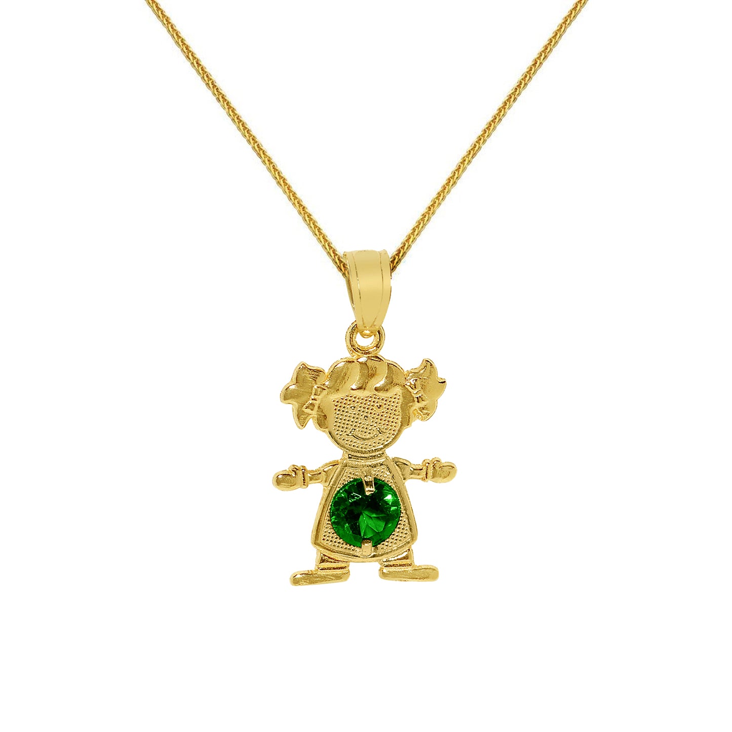 14k Yellow Gold Round-cut Cubic Zirconia May Birthstone Girl/Daughter Pendant with Square Wheat Chain