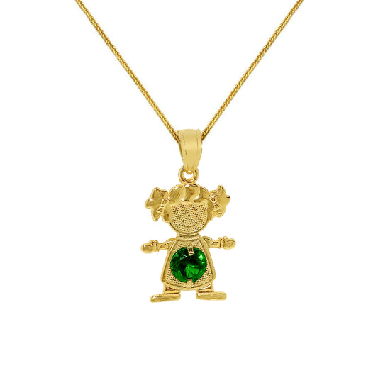14k Yellow Gold Round-cut Cubic Zirconia May Birthstone Girl/Daughter Pendant with Square Wheat Chain