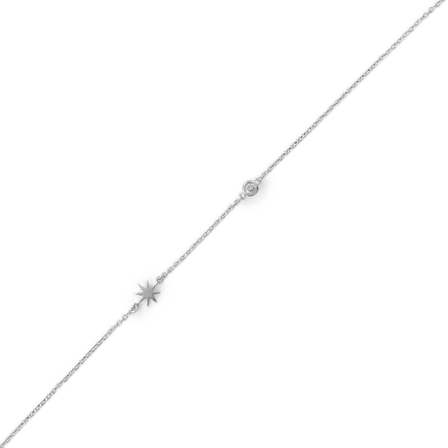 Sterling Silver Cubic Zirconia and Sunburst Charm Anklet
