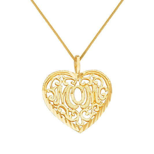 14k Yellow Gold Filigree Heart 'Mom' Mother's Day Pendant with Square Wheat Chain