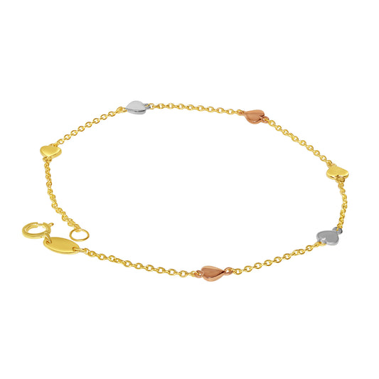14k Tri-Tone Gold Dainty Heart Chain Bracelet
