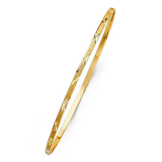 14k Yellow Gold Diamond-Cut 2mm Solid Bangle Bracelet