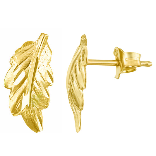 14k Yellow Gold Feather Shaped Earring Studs