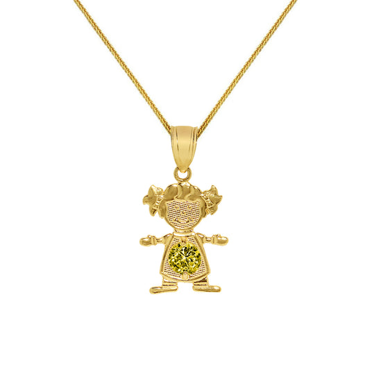 14k Yellow Gold Round-cut Cubic Zirconia November Birthstone Girl/Daughter Pendant with Square Wheat Chain