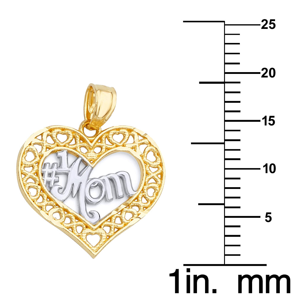 14k Two-tone Gold Open Heart '#1 Mom' Mother's Day Pendant with Square Wheat Chain