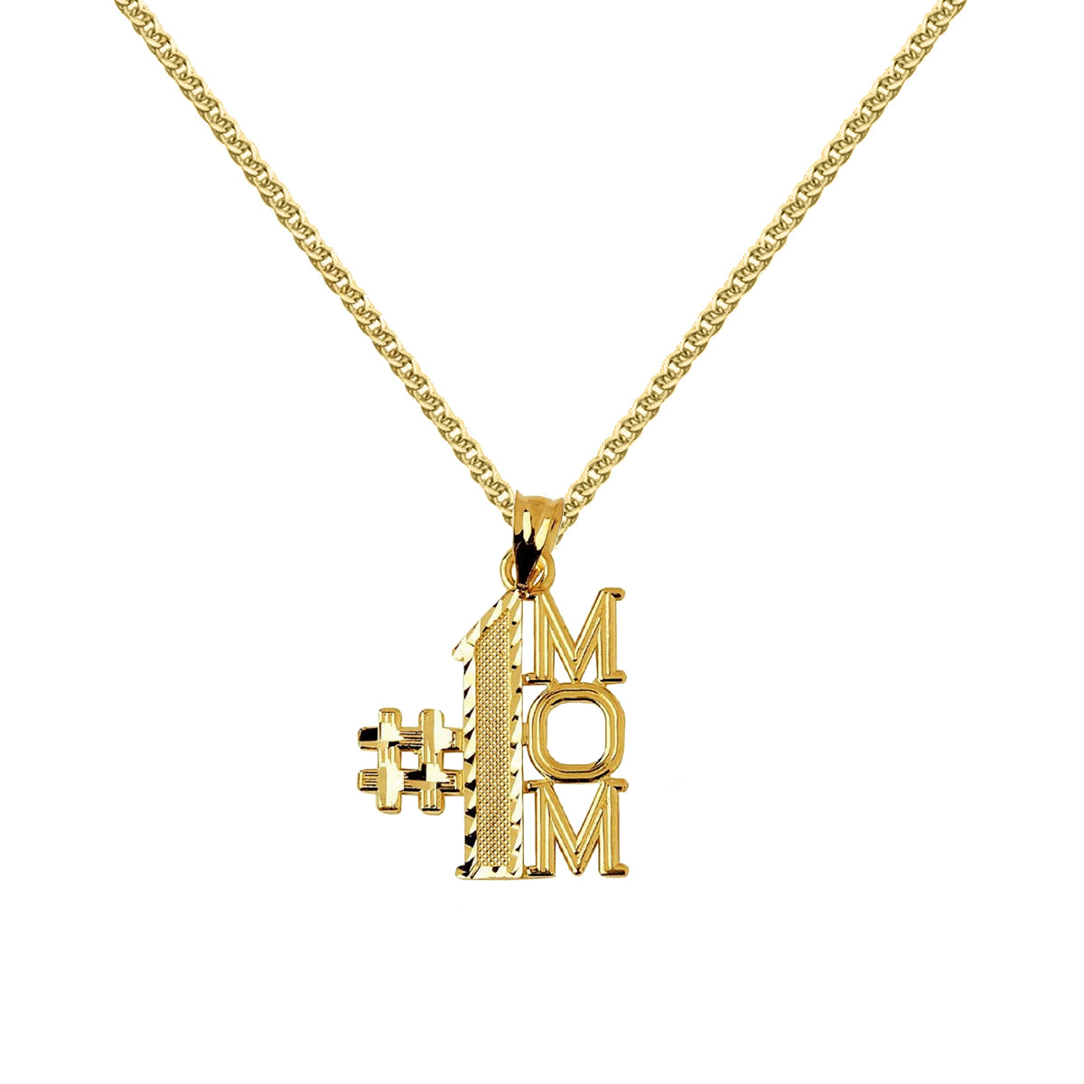 14k Yellow Gold #1 Mom Mother's Day Pendant with 1.5mm Flat Wheat Chain