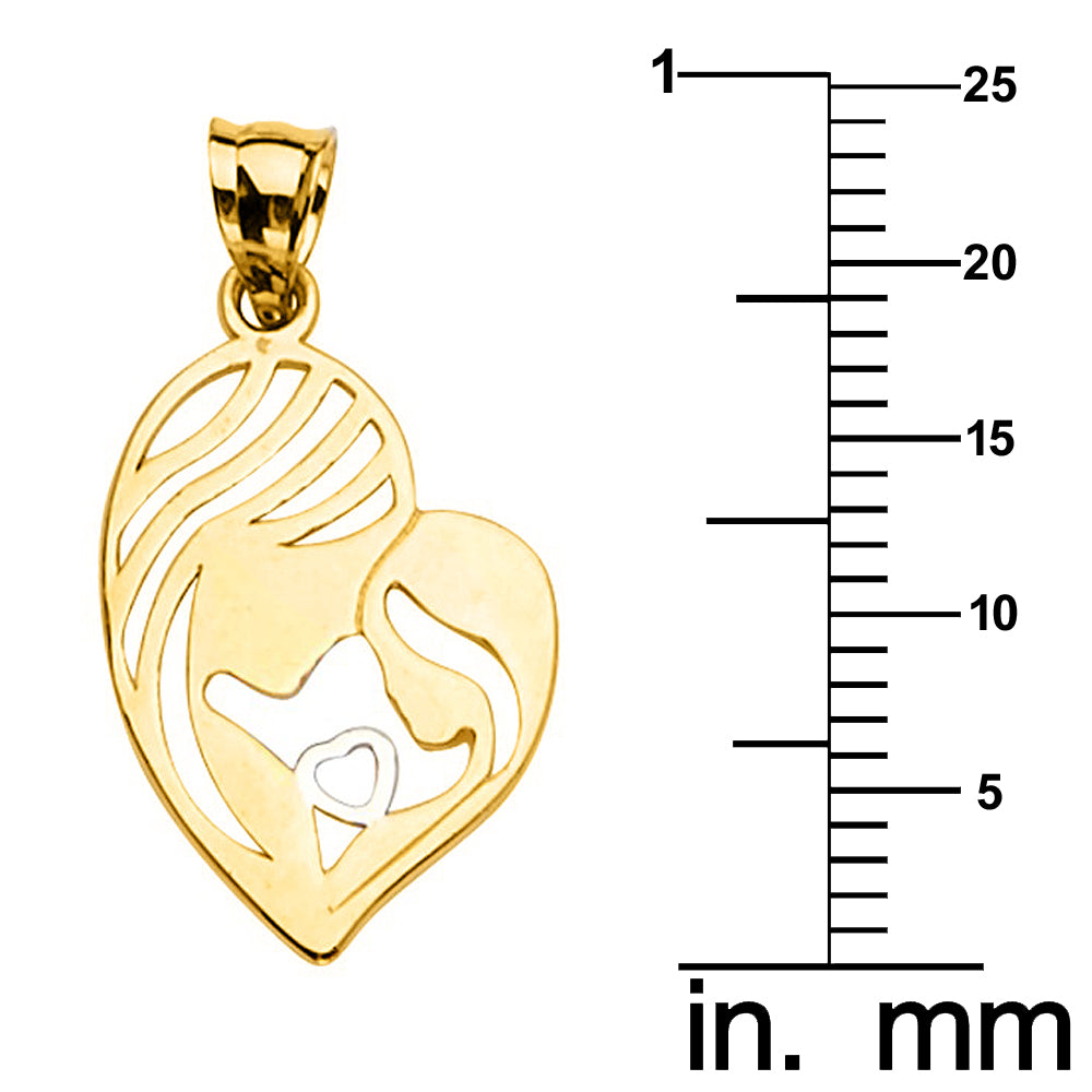 14k Yellow Gold Heart Shaped Mother and Child Pendant with Square Wheat Chain