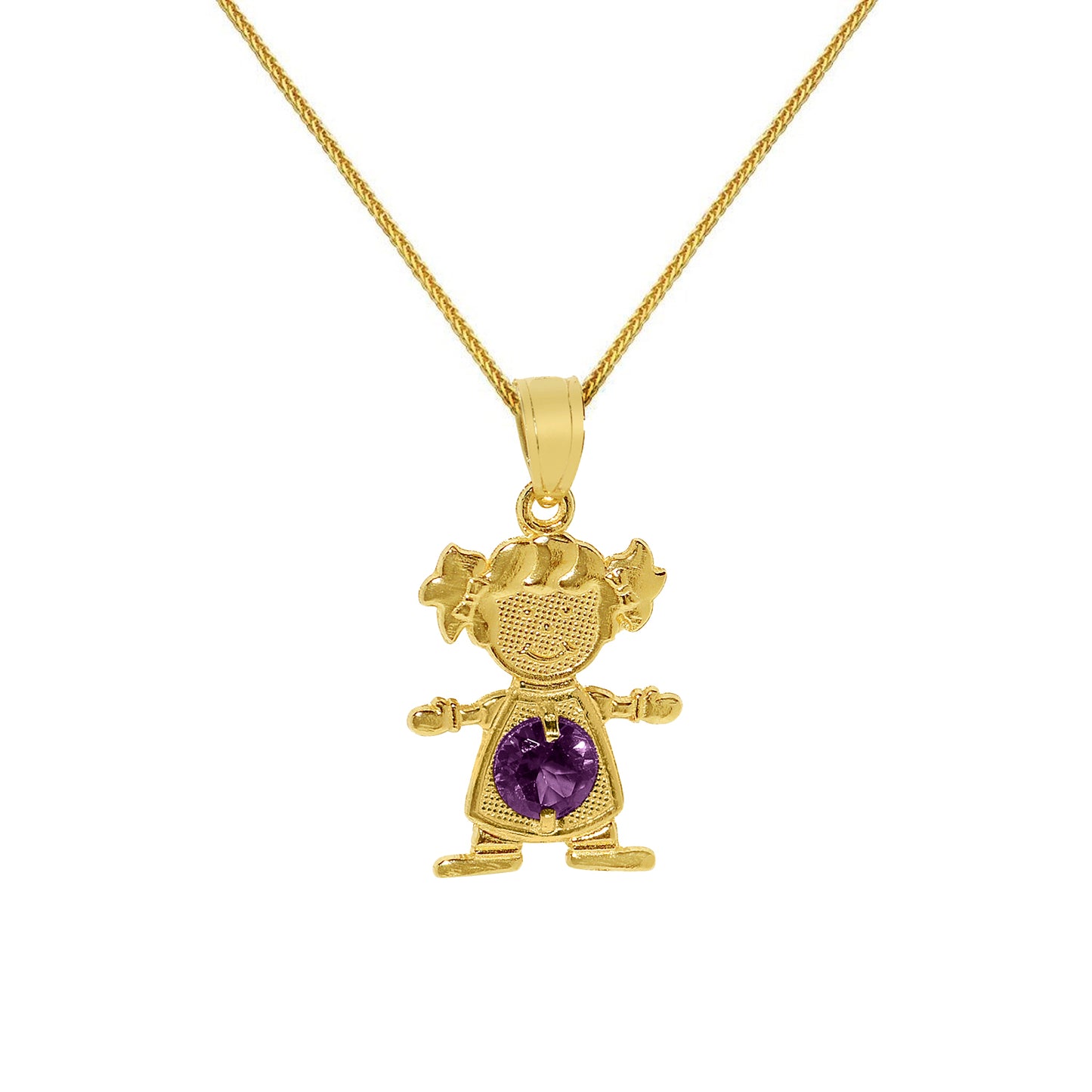 14k Yellow Gold Round-cut Cubic Zirconia February Birthstone Girl/Daughter Pendant with Square Wheat Chain