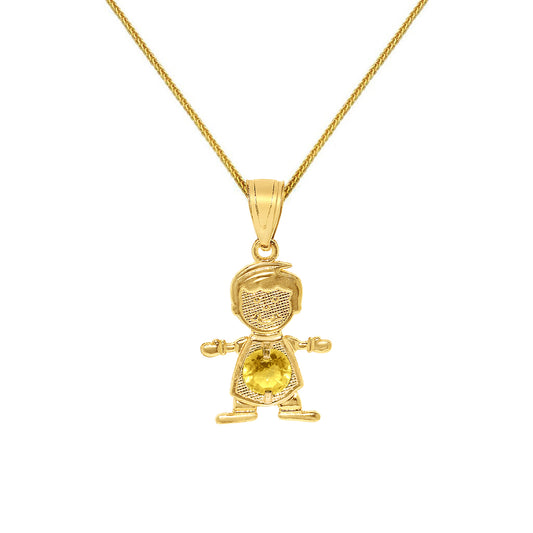 14k Yellow Gold Round-cut Cubic Zirconia November Birthstone Boy/Son Pendant with Square Wheat Chain