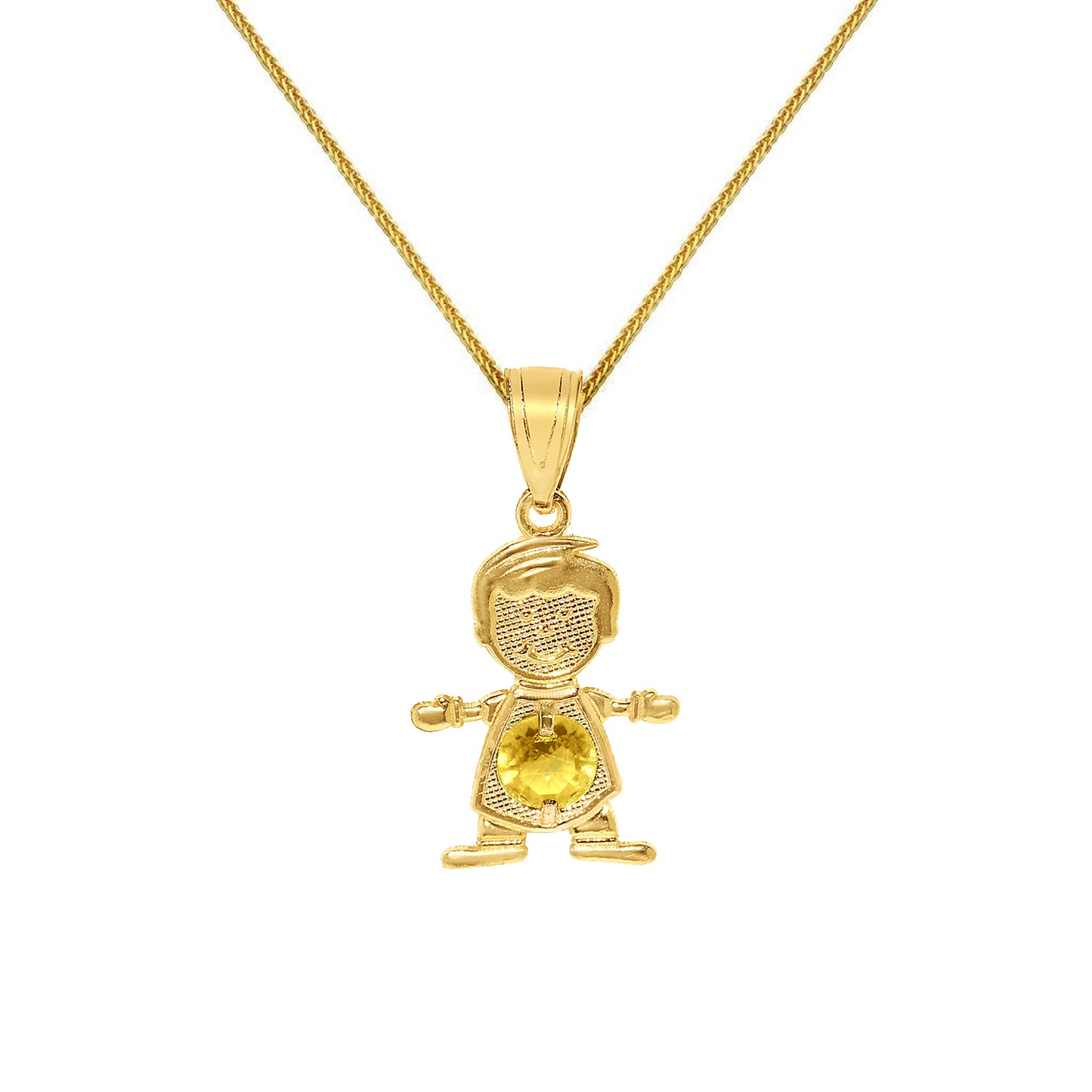 14k Yellow Gold Round-cut Cubic Zirconia November Birthstone Boy/Son Pendant with Square Wheat Chain