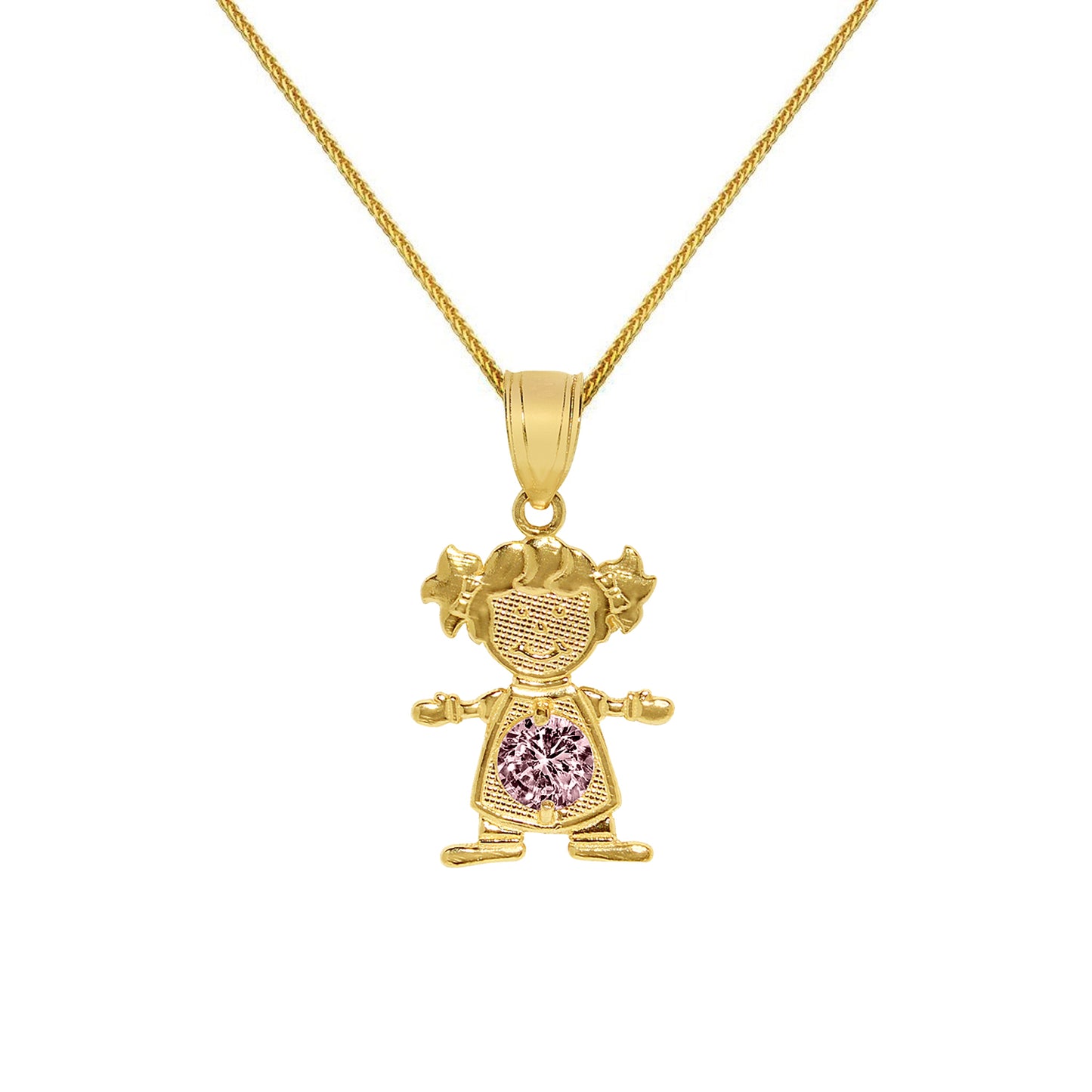 14k Yellow Gold Round-cut Cubic Zirconia October Birthstone Girl/Daughter Pendant with Square Wheat Chain