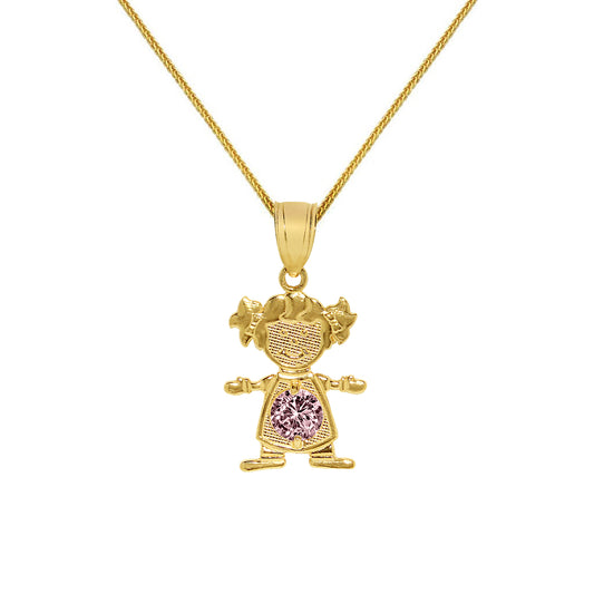 14k Yellow Gold Round-cut Cubic Zirconia October Birthstone Girl/Daughter Pendant with Square Wheat Chain
