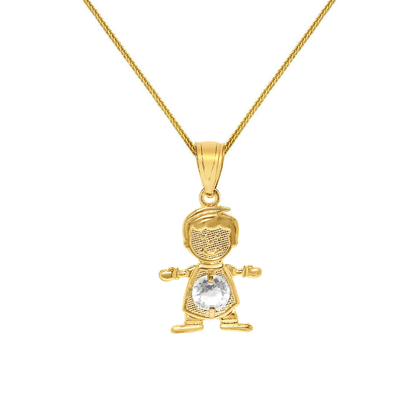 14k Yellow Gold Round-cut Cubic Zirconia April Birthstone Boy/Son Pendant with Square Wheat Chain