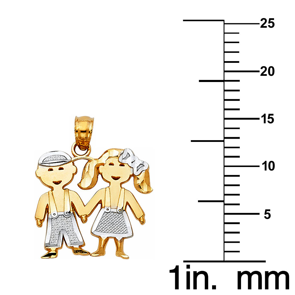 14k Two-tone Gold Boy and Girl Mother's Day Pendant with 0.8mm Square Wheat Chain