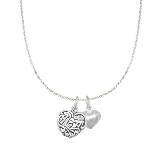 Sterling Silver Filigree Heart-shaped Mom and Heart Charm Necklace