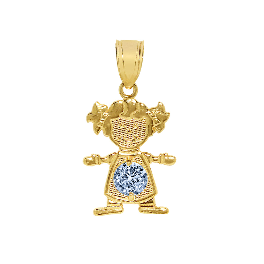 14k Yellow Gold Round-cut Cubic Zirconia March Birthstone Girl/Daughter Pendant with Square Wheat Chain