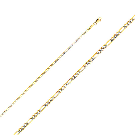 14k Two-tone Gold 2.2mm White Pave Light Figaro Unisex Chain Necklace