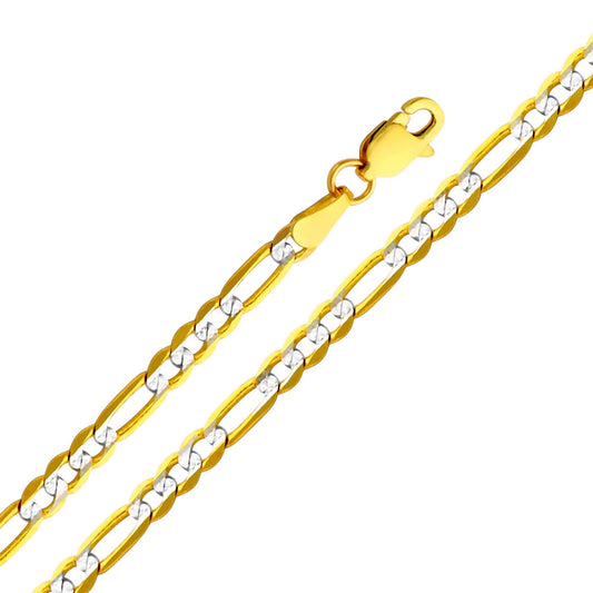 14k Two-tone Gold 3.1mm White Pave Light Figaro Unisex Chain Necklace
