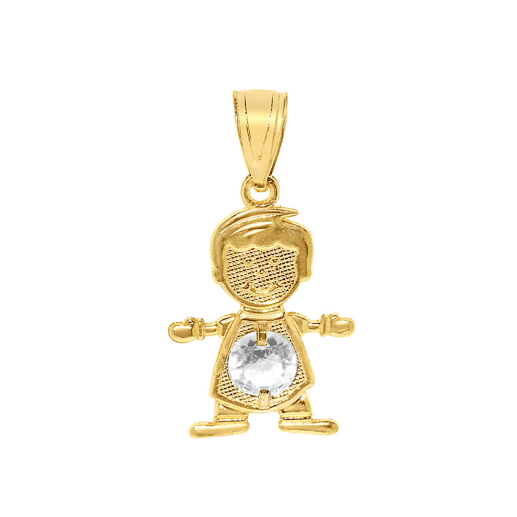14k Yellow Gold Round-cut Cubic Zirconia April Birthstone Boy/Son Pendant with Square Wheat Chain