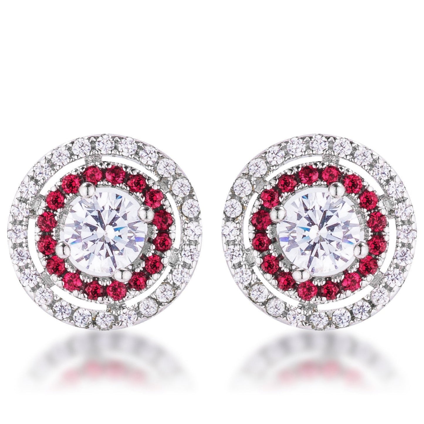 Precious Stars Silvertone Red and Clear Cubic Zirconia Halo Stud Earrings