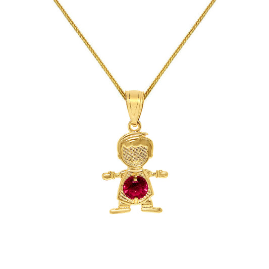 14k Yellow Gold Round-cut Cubic Zirconia July Birthstone Boy/Son Pendant with Square Wheat Chain