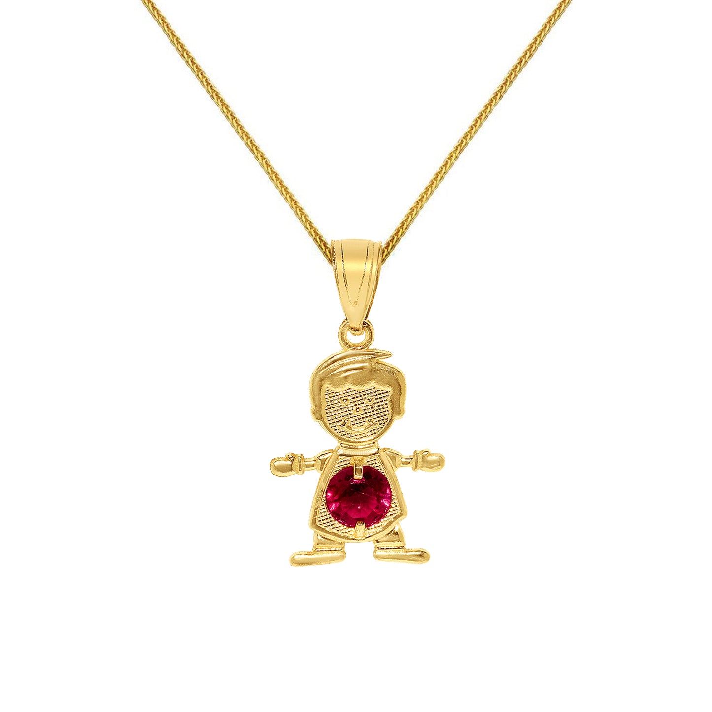 14k Yellow Gold Round-cut Cubic Zirconia July Birthstone Boy/Son Pendant with Square Wheat Chain