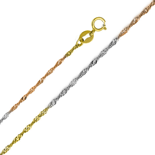 14k Tri-tone Gold 1.2mm Singapore Pendant Chain Necklace