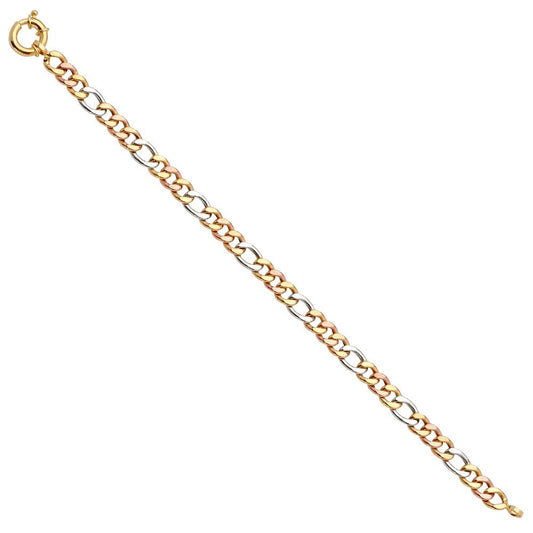 14K Tri-Tone Gold Fancy Hollow Figaro-Chain 7.5" Ladies Bracelet