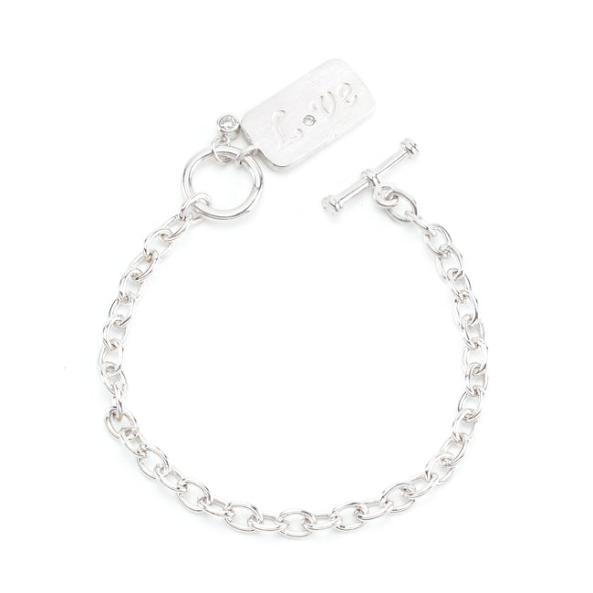 Precious Stars Rhodium Plated Silvertone Love Charm Chain Bracelet