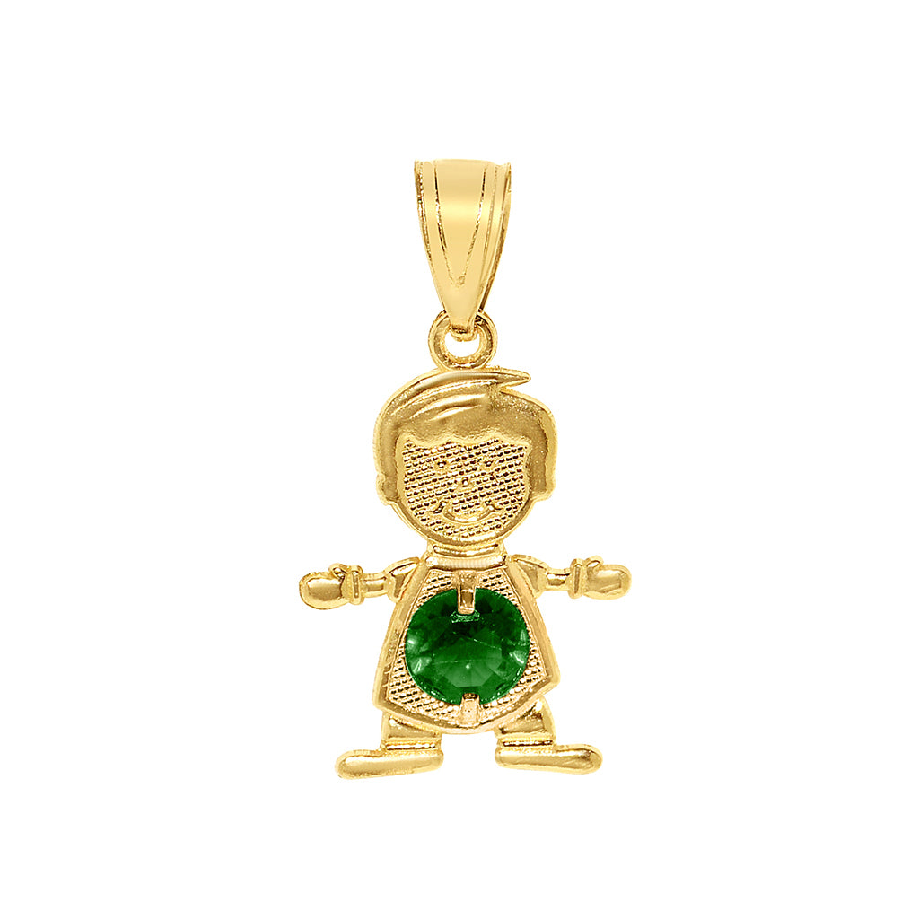 14k Yellow Gold Round-cut Cubic Zirconia May Birthstone Boy/Son Pendant with Square Wheat Chain