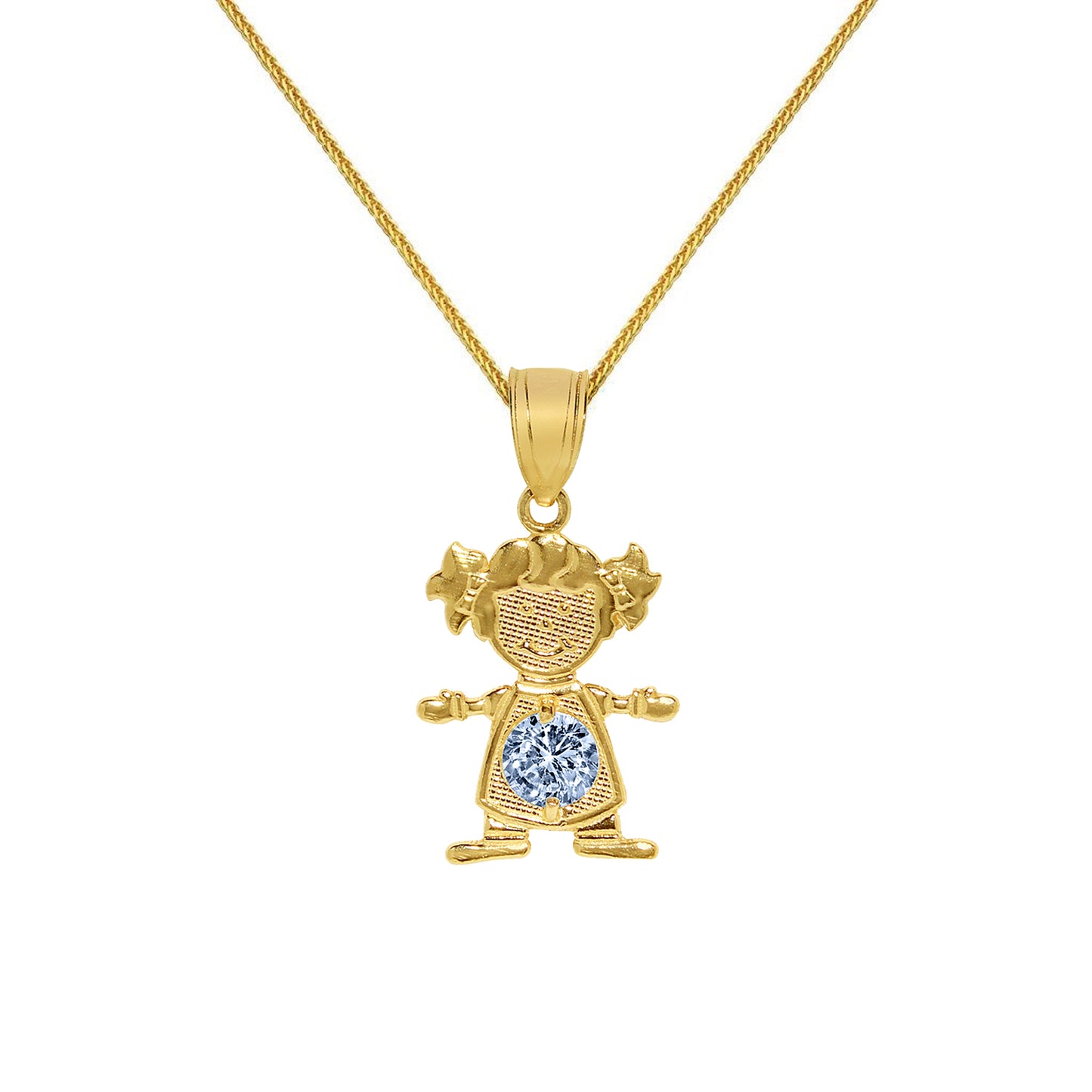 14k Yellow Gold Round-cut Cubic Zirconia March Birthstone Girl/Daughter Pendant with Square Wheat Chain