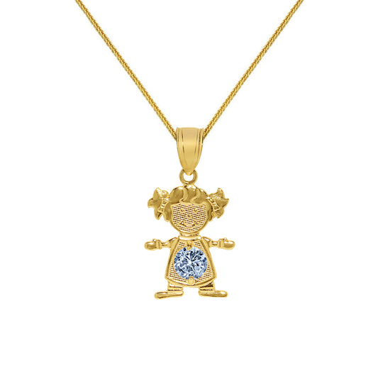 14k Yellow Gold Round-cut Cubic Zirconia March Birthstone Girl/Daughter Pendant with Square Wheat Chain