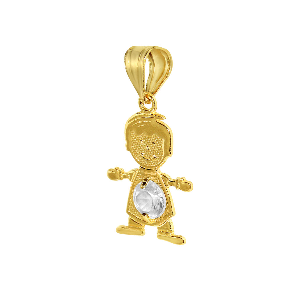 14k Yellow Gold Round-cut Cubic Zirconia April Birthstone Boy/Son Pendant with Square Wheat Chain