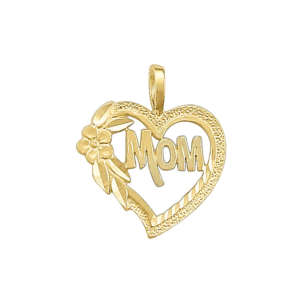14k Yellow Gold 'Mom' Floral Heart Pendant with Square Wheat Chain