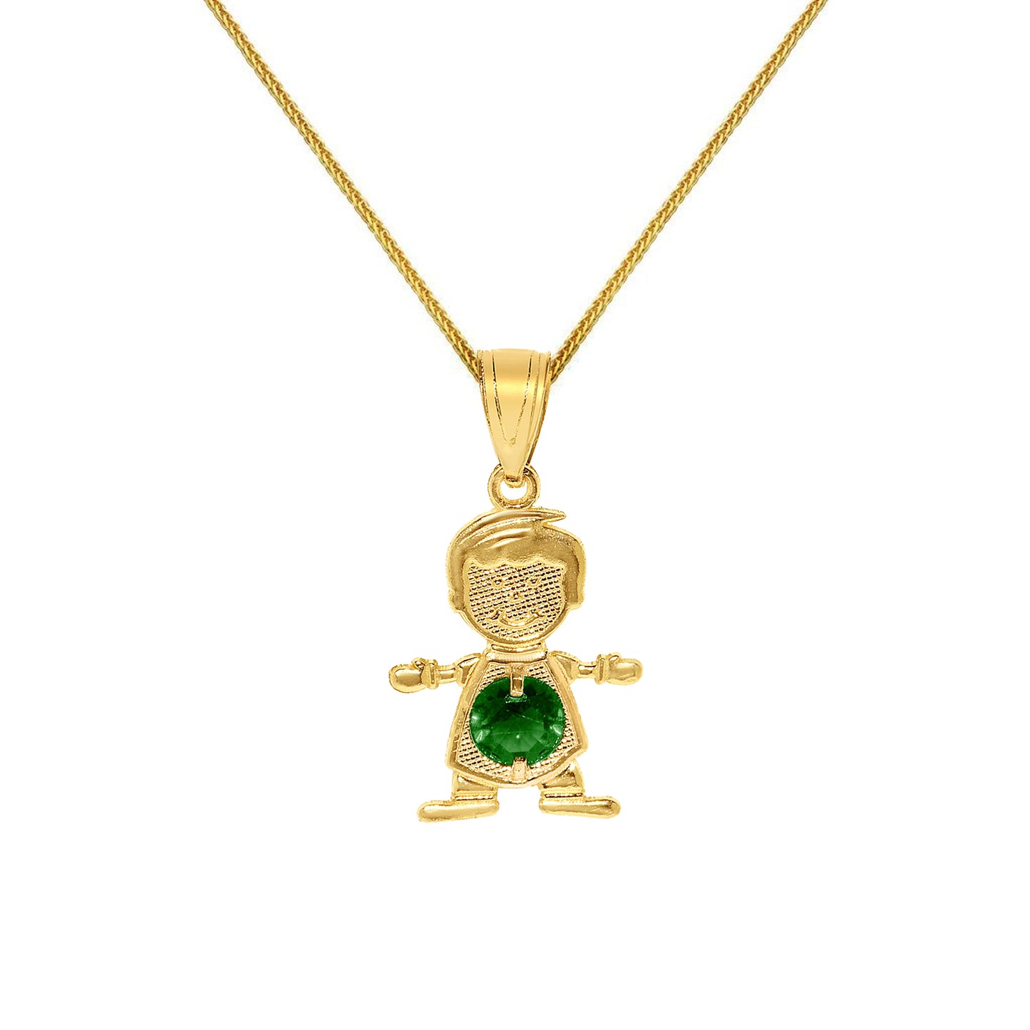 14k Yellow Gold Round-cut Cubic Zirconia May Birthstone Boy/Son Pendant with Square Wheat Chain