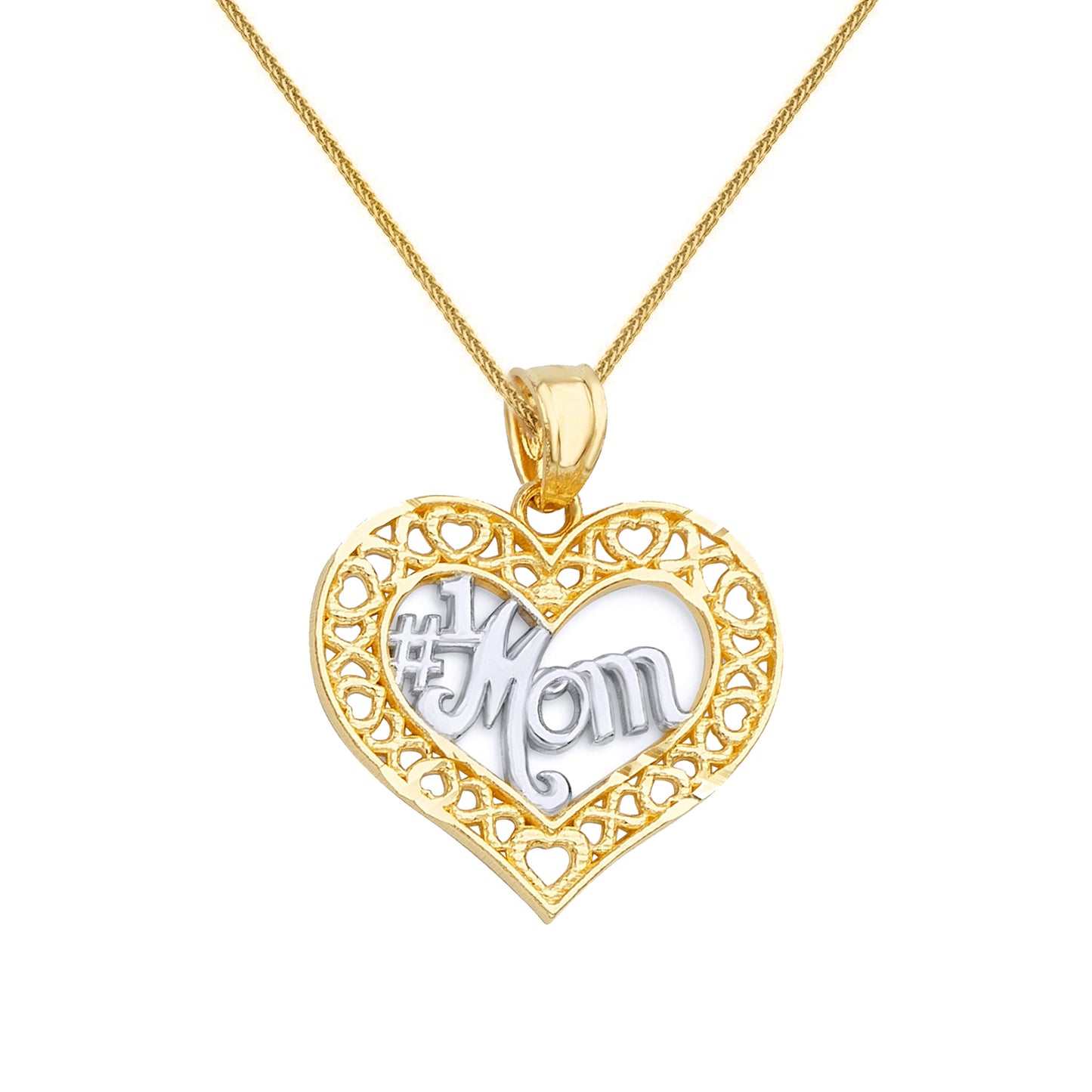 14k Two-tone Gold Open Heart '#1 Mom' Mother's Day Pendant with Square Wheat Chain