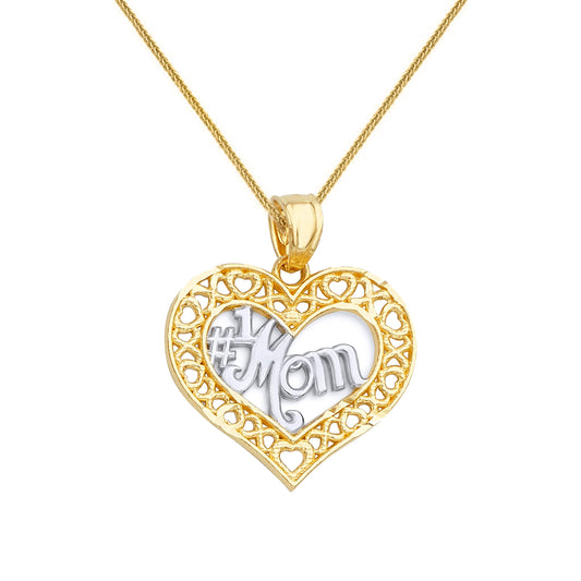 14k Two-tone Gold Open Heart '#1 Mom' Mother's Day Pendant with Square Wheat Chain