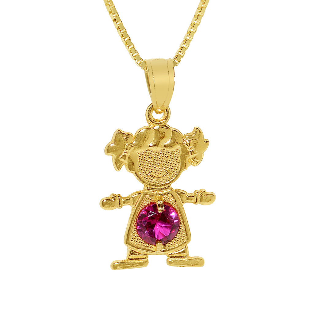 14k Yellow Gold Round-cut Cubic Zirconia July Birthstone Girl/Daughter Pendant with Square Wheat Chain