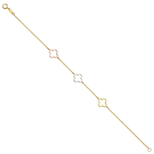14K Tri-Tone Gold Floral Charm Chain 7"+1" Ladies Bracelet