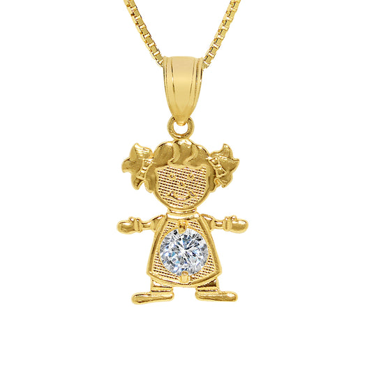 14k Yellow Gold Round-cut Cubic Zirconia April Birthstone Girl/Daughter Pendant with Square Wheat Chain